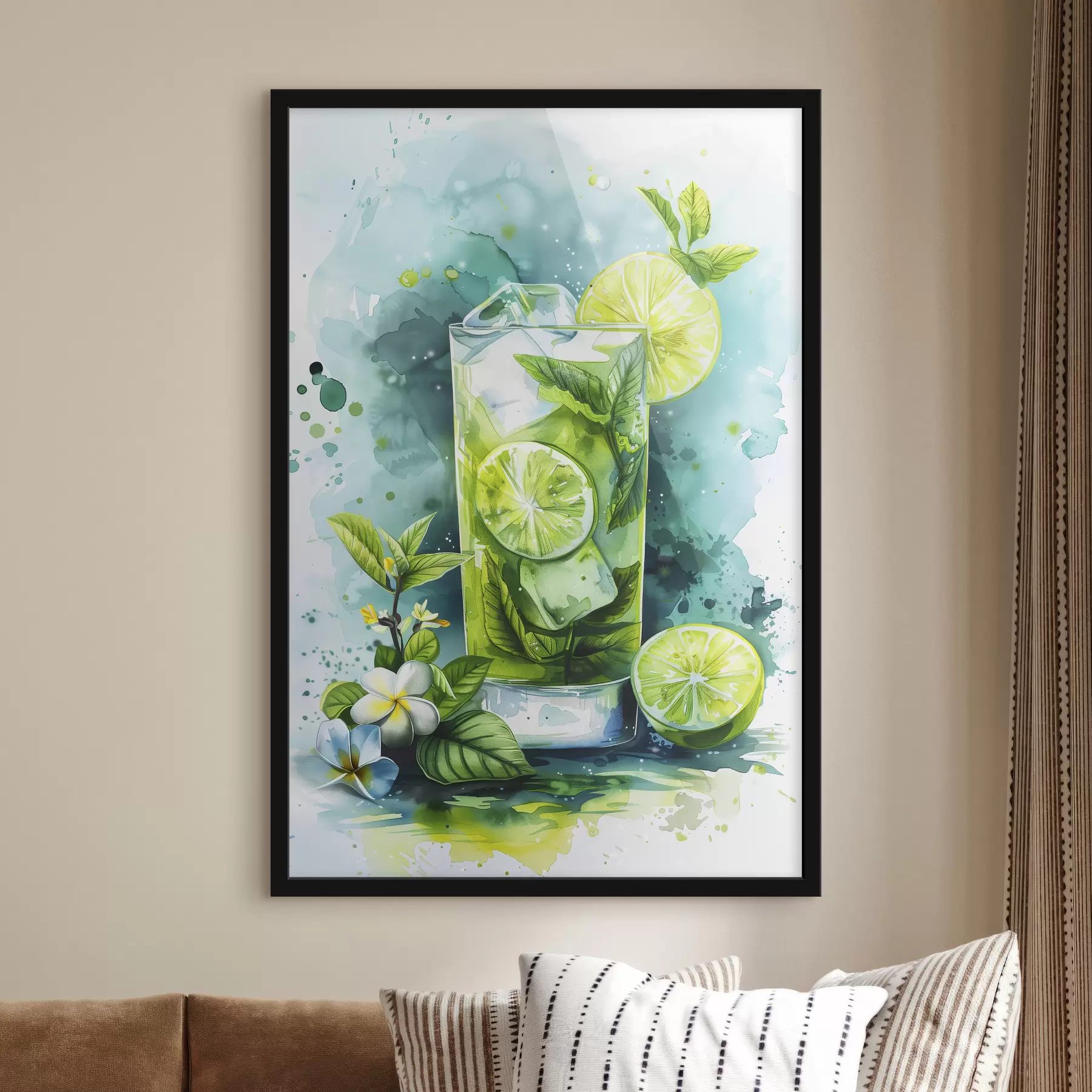 Papier peint Cocktail d'été aquarelle, mojito, citron vert et menthe, fleurs, couleurs vertes f39712