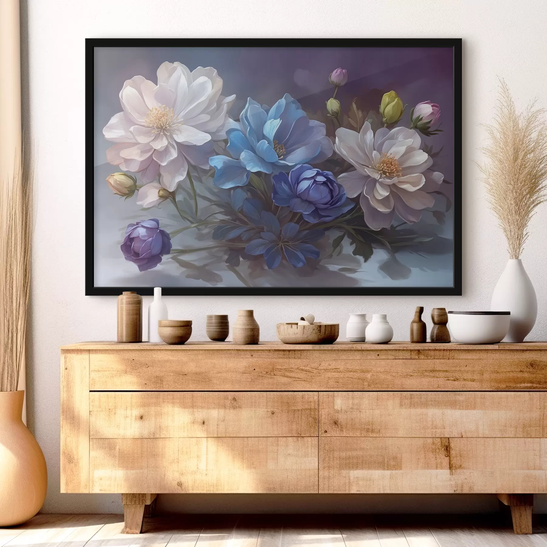 Papier peint Fleurs blanches et bleues sur fond flou f39603