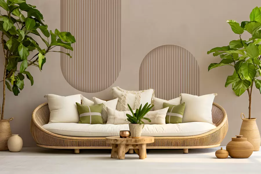 Papier peint Papier peint texturé Art Déco dans des tons beiges chauds. Imitation d'arcs volumétriques    w08048