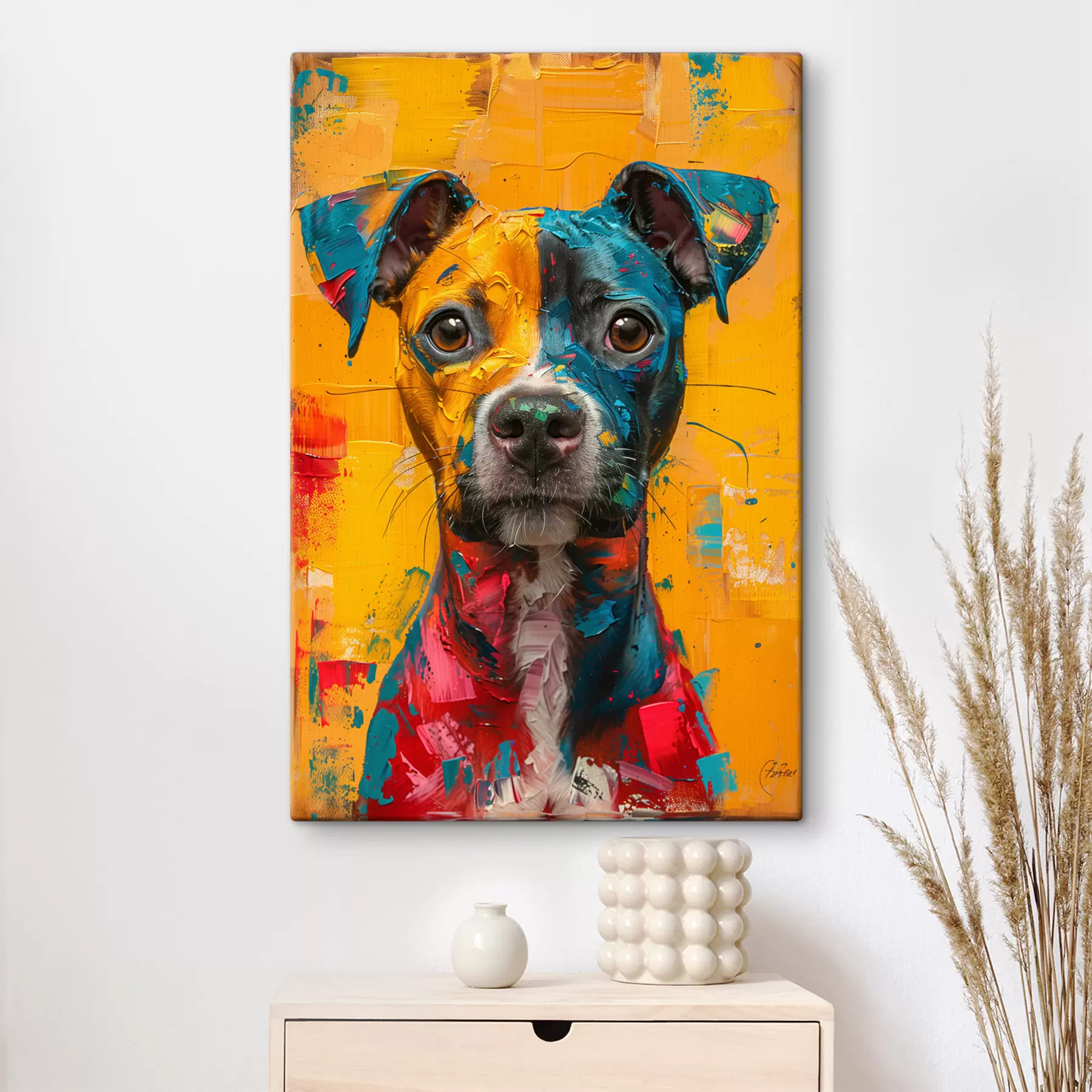 Papier peint Portrait d'un Pitbull avec des coups de pinceau à huile jaune et bleu s39722
