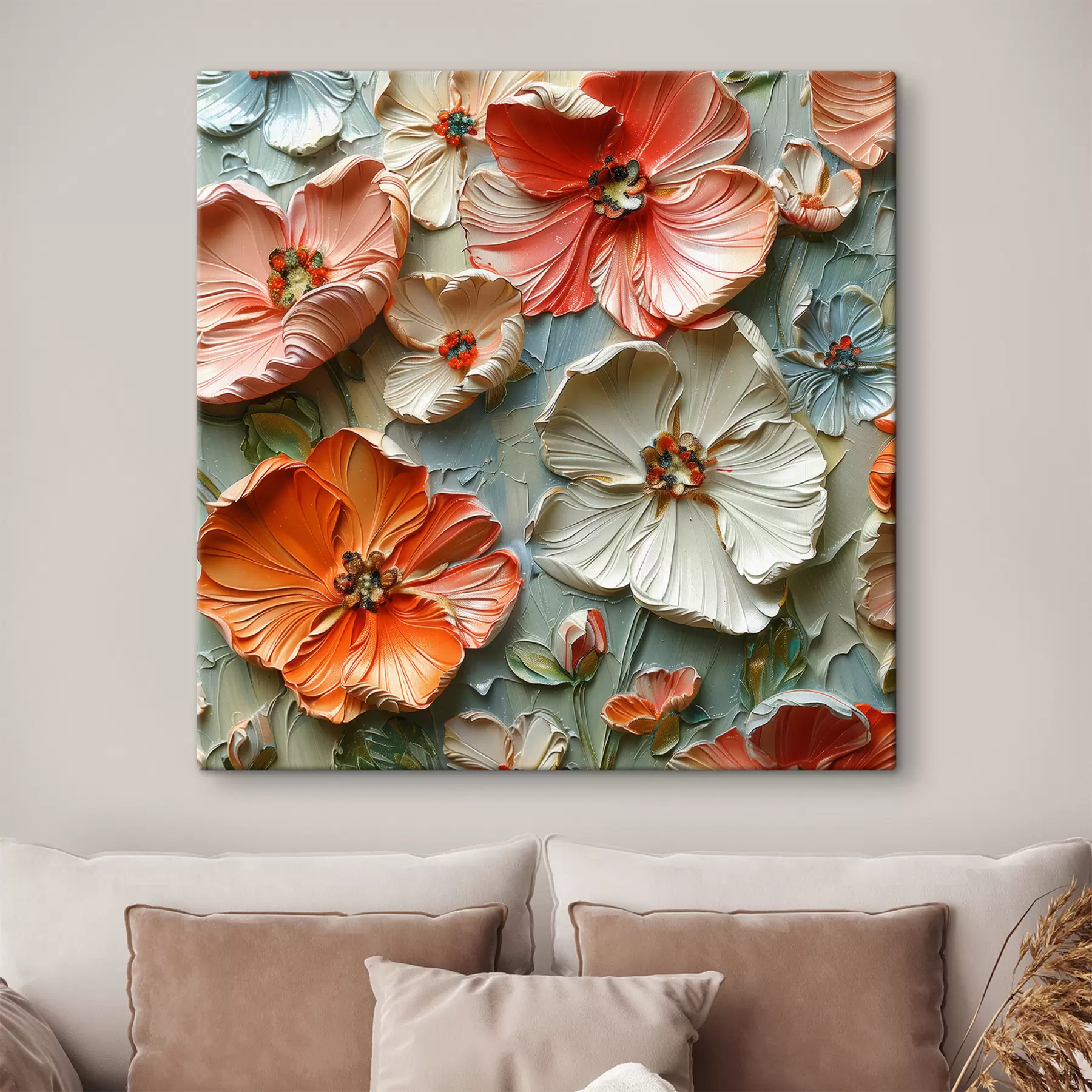 Tableau Peinture sculpturale avec fleurs séchées au pastel et accents s39748