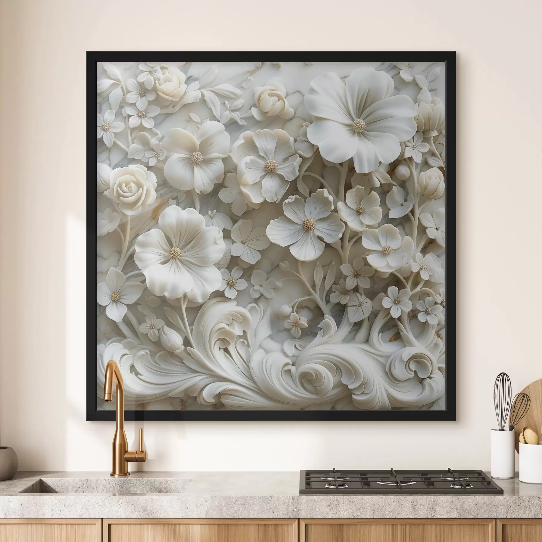 Papier peint Bas-relief élégant avec un motif floral blanc f39726