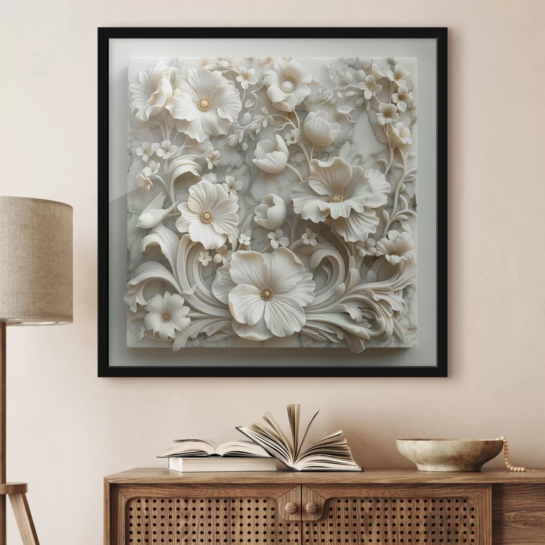 Papier peint Un jardin de marbre blanc avec un bas-relief d'oiseaux f39729