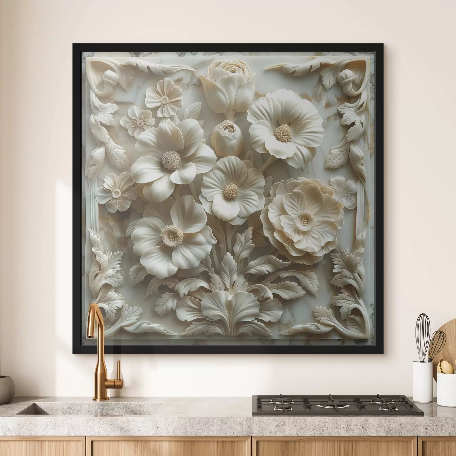 Papier peint fleurs en bas-relief blanches en 3D sur fond de marbre avec un cadre f39739