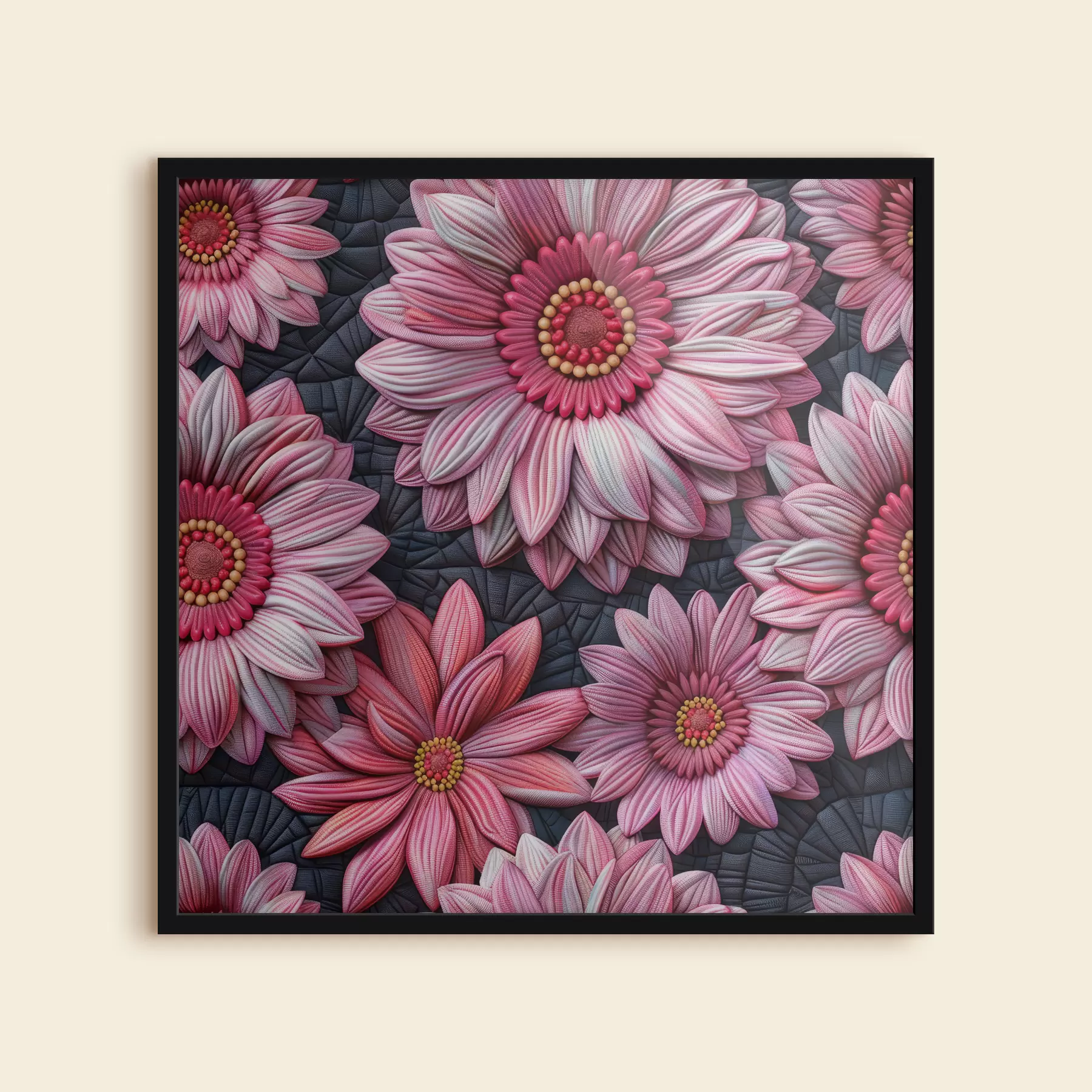 Papier peint Broderie en fil de laine 3D avec des gerberas roses sur fond matelassé f39747