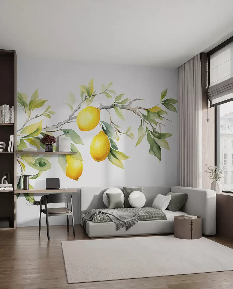 Papier peint Branche aquarelle avec feuilles et fruits de citron w08096
