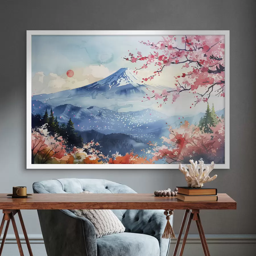 Papier peint Paysage de montagne Fuji, nature orientale, cerisiers, coucher de soleil f39775
