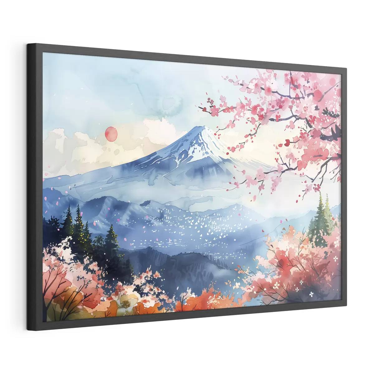 Poster Paysage de montagne Fuji, nature orientale, cerisiers, coucher de soleil f39775