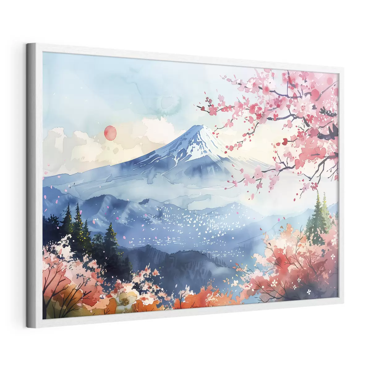 Poster Paysage de montagne Fuji, nature orientale, cerisiers, coucher de soleil f39775