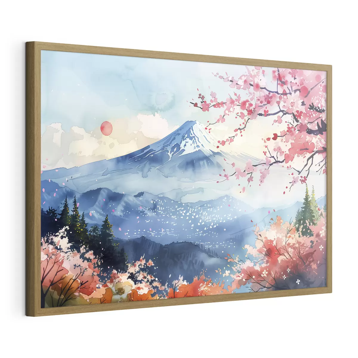 Poster Paysage de montagne Fuji, nature orientale, cerisiers, coucher de soleil f39775