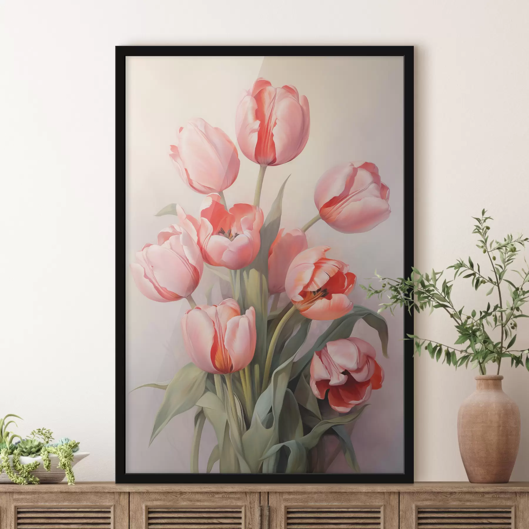 Papier peint Tulipes rouges roses sur peinture à l'huile légère f39832