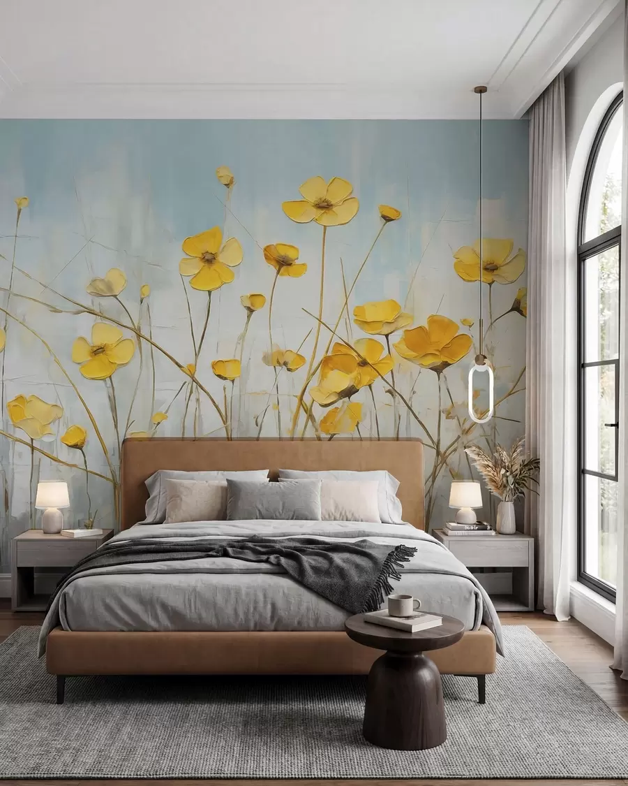 Papier peint Petites fleurs jaunes sur peinture à l'huile bleue w08129