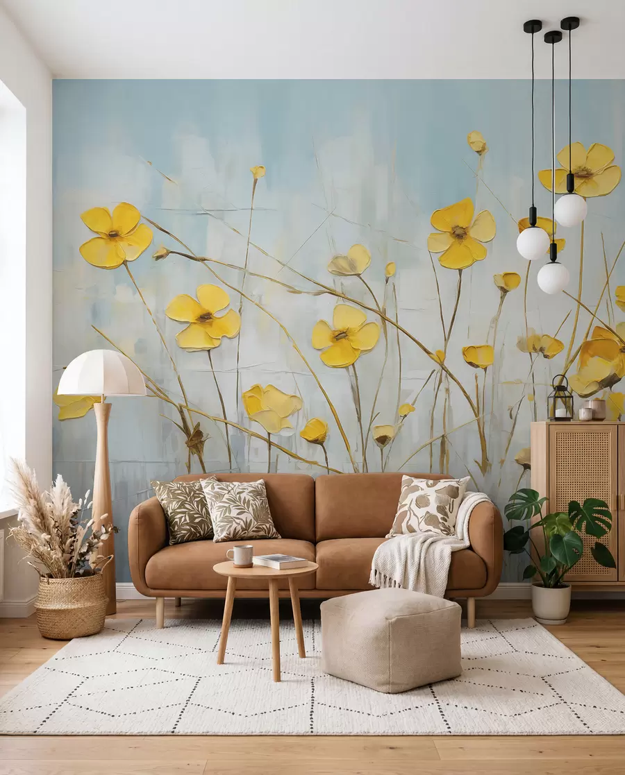 Papier peint Petites fleurs jaunes sur peinture à l'huile bleue w08129
