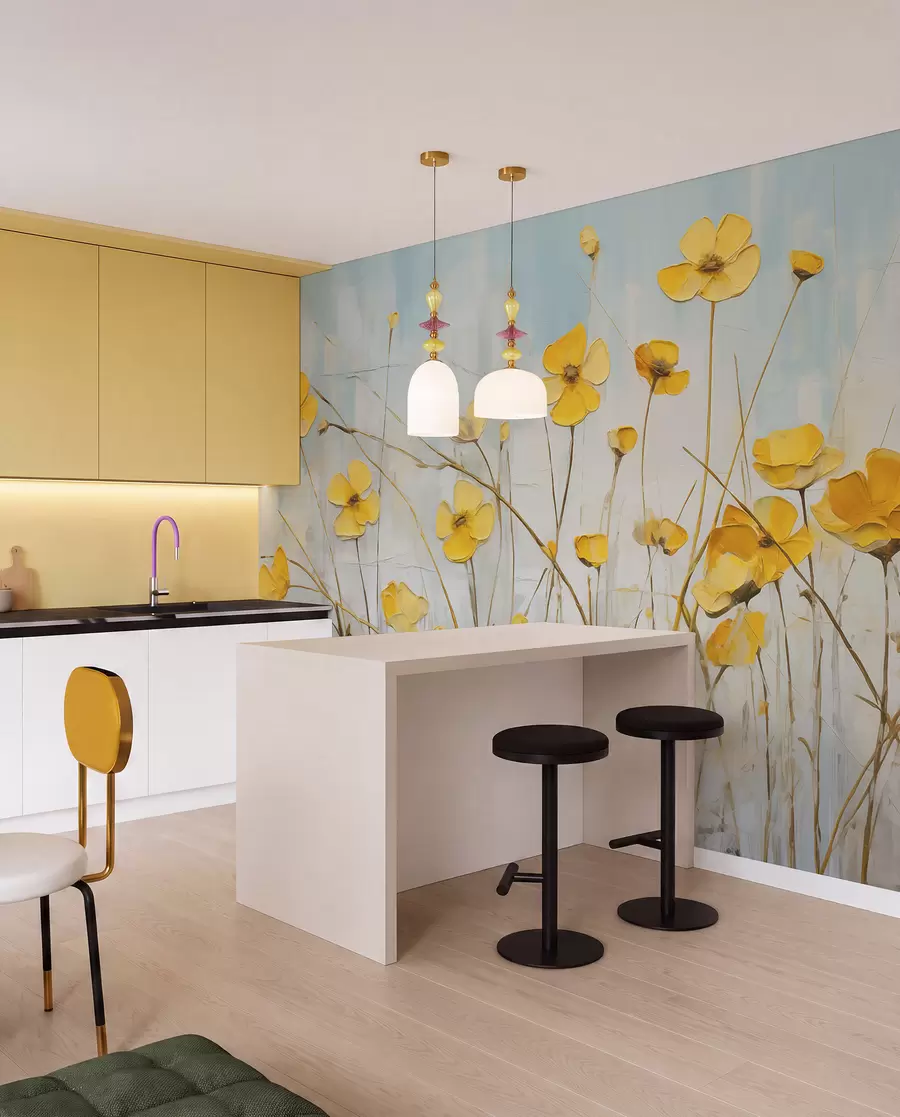 Papier peint Petites fleurs jaunes sur peinture à l'huile bleue w08129