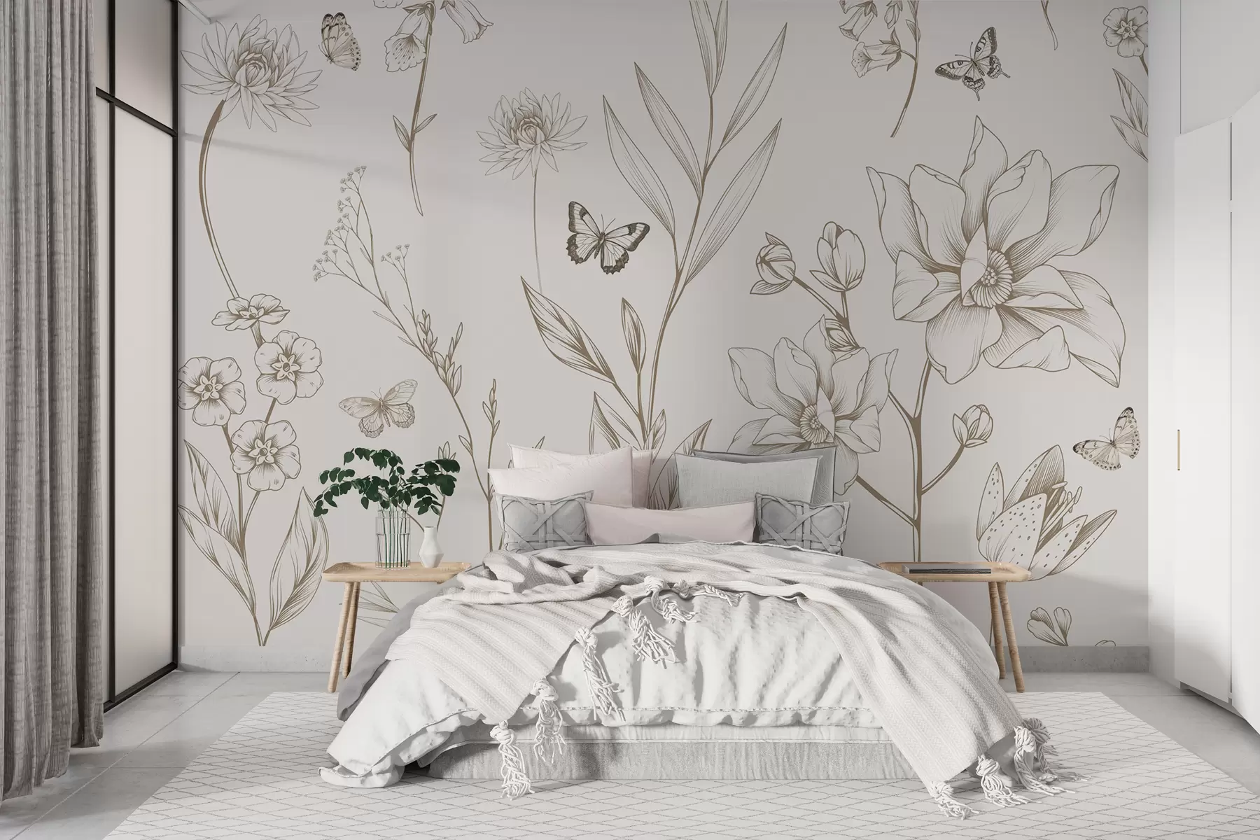 Papier peint Fleurs et papillons monochromes Boho de couleur beige w08088v1