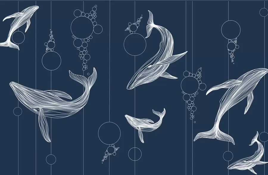 Papier peint Baleines et abstraction sur fond bleu w08074v1