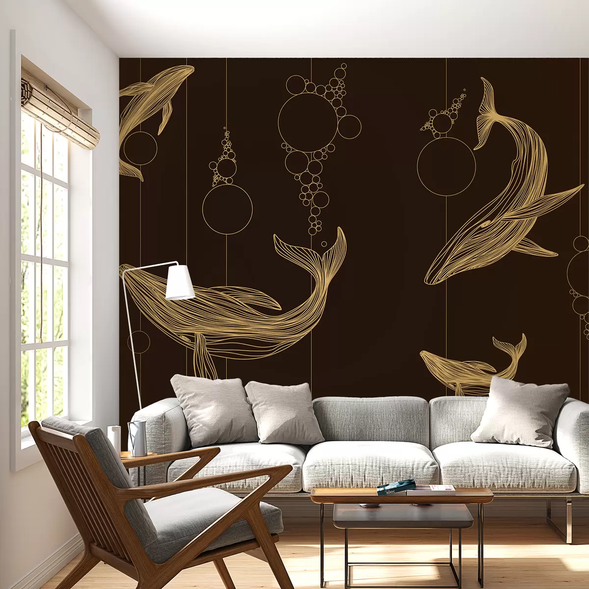 Papier peint Baleines et abstraction sur fond marron w08074v2