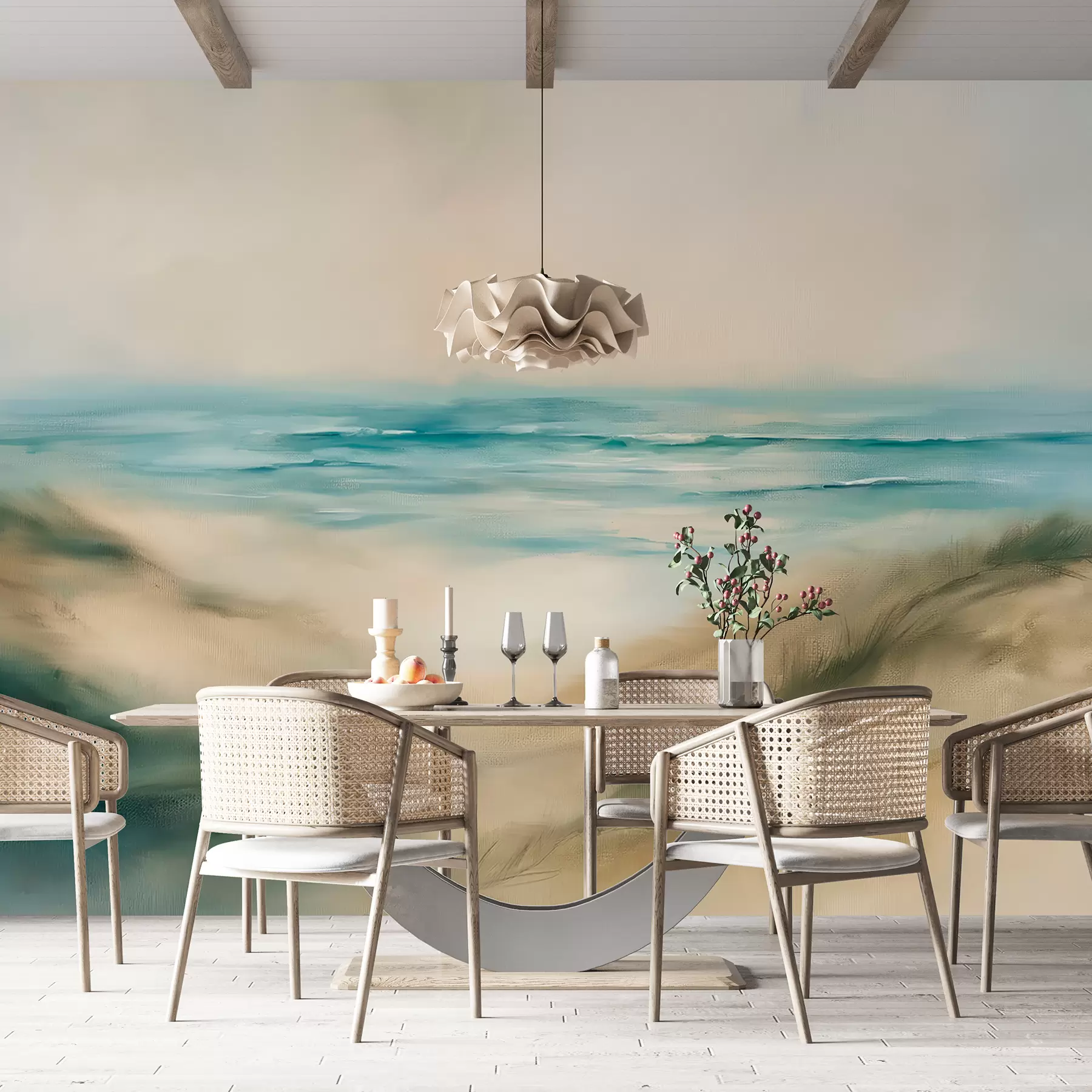 Papier peint Paysage abstrait aux couleurs pastel, plage, mer, palette de couleurs aigue-marine et beige, coups de pinceau w08141v1