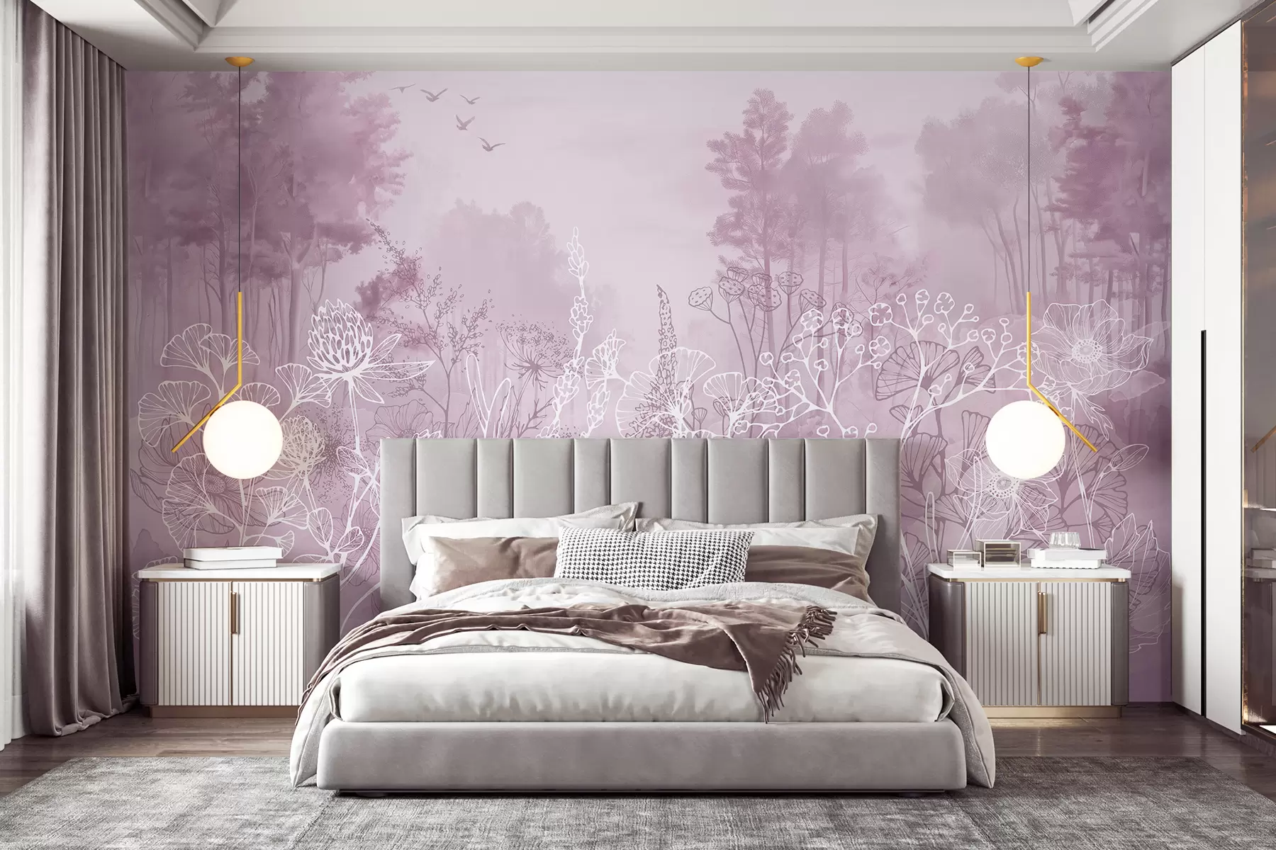 Papier peint Fleurs de dessin au trait, paysage forestier, nature, réalisme, palette de couleurs roses w08144v3
