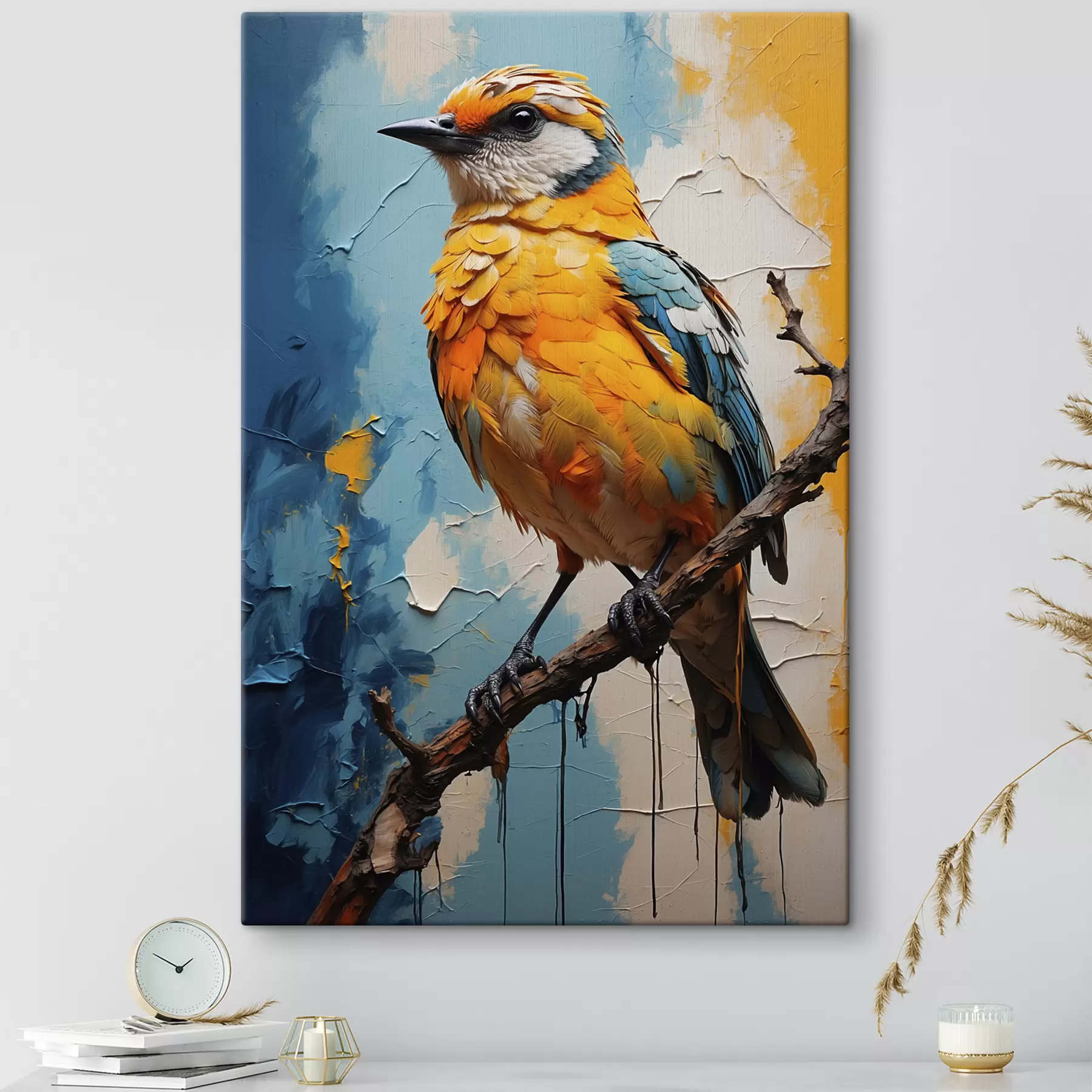 Papier peint Oiseau sur une branche sur fond d'huile abstrait s39856