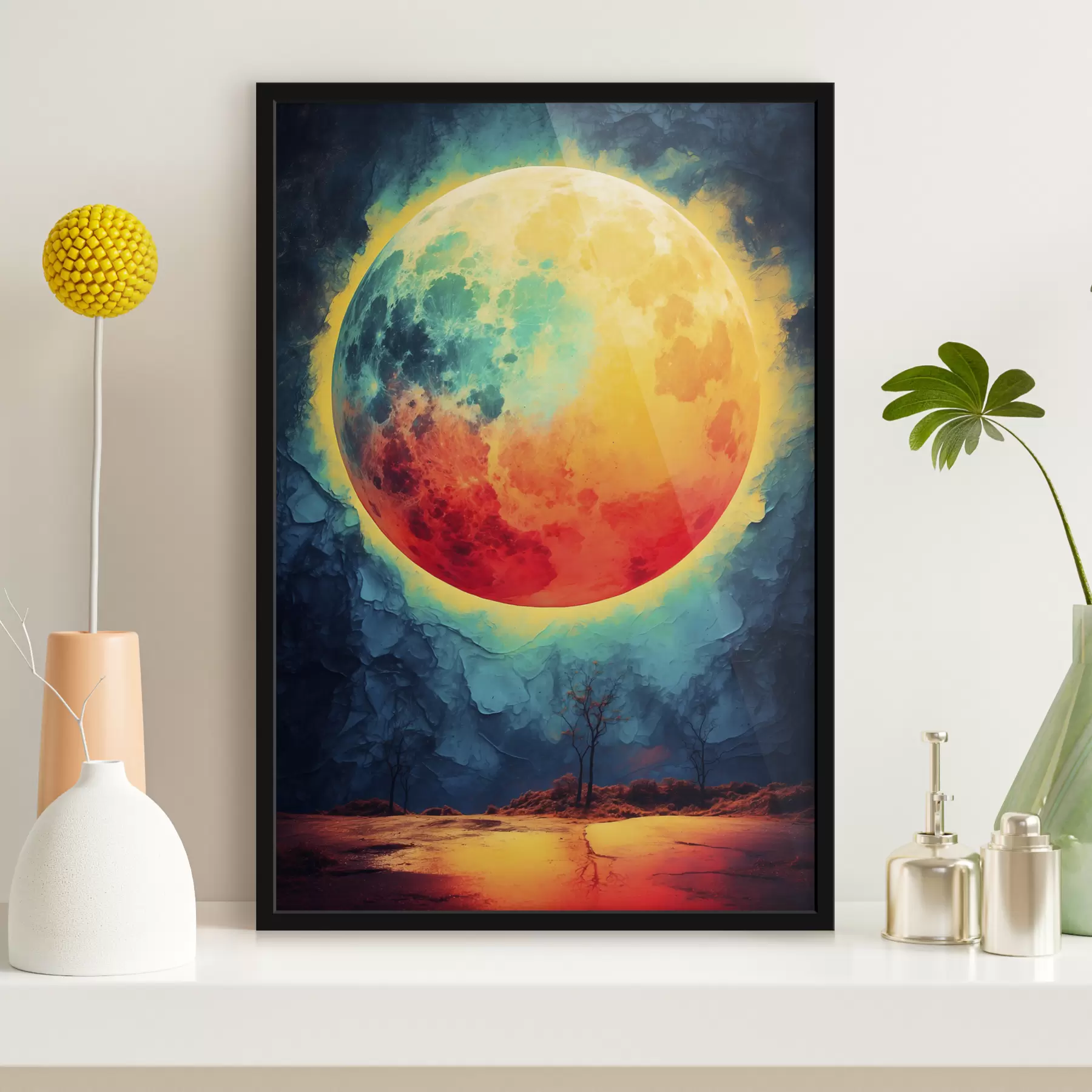 Papier peint Lune rouge-bleu sur fond abstrait f39844