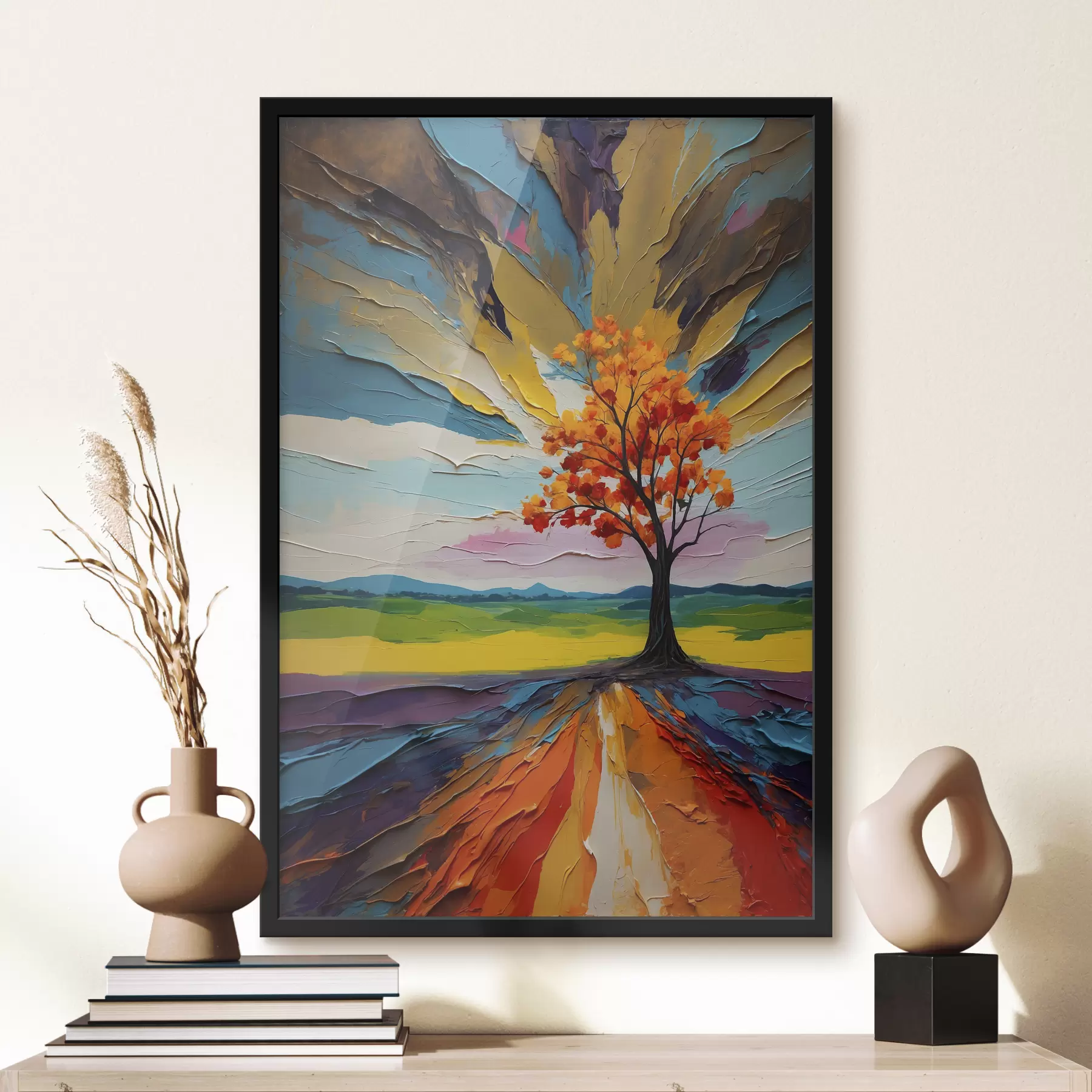 Papier peint Arbre sur le fond d'un champ et peinture à l'huile abstraite de ciel f39851