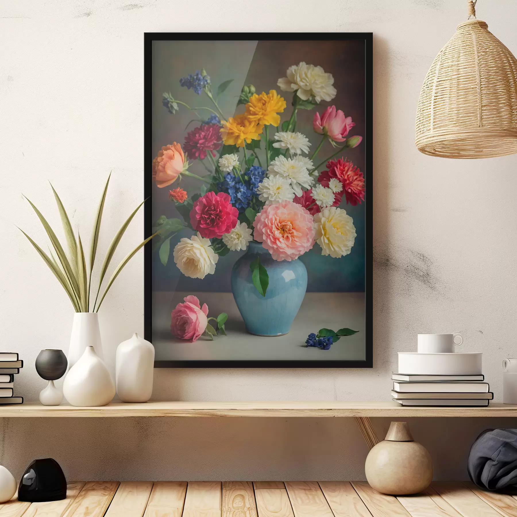 Papier peint Fleurs dans un vase bleu contre un mur bleu foncé f39860