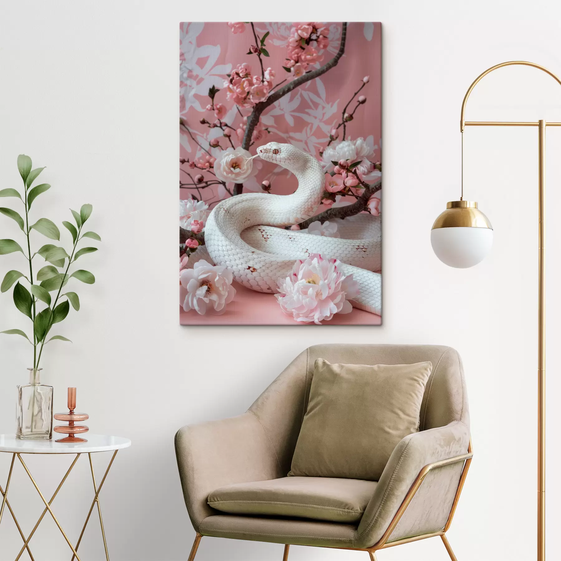 Papier peint Serpent blanc et fleurs roses s39941