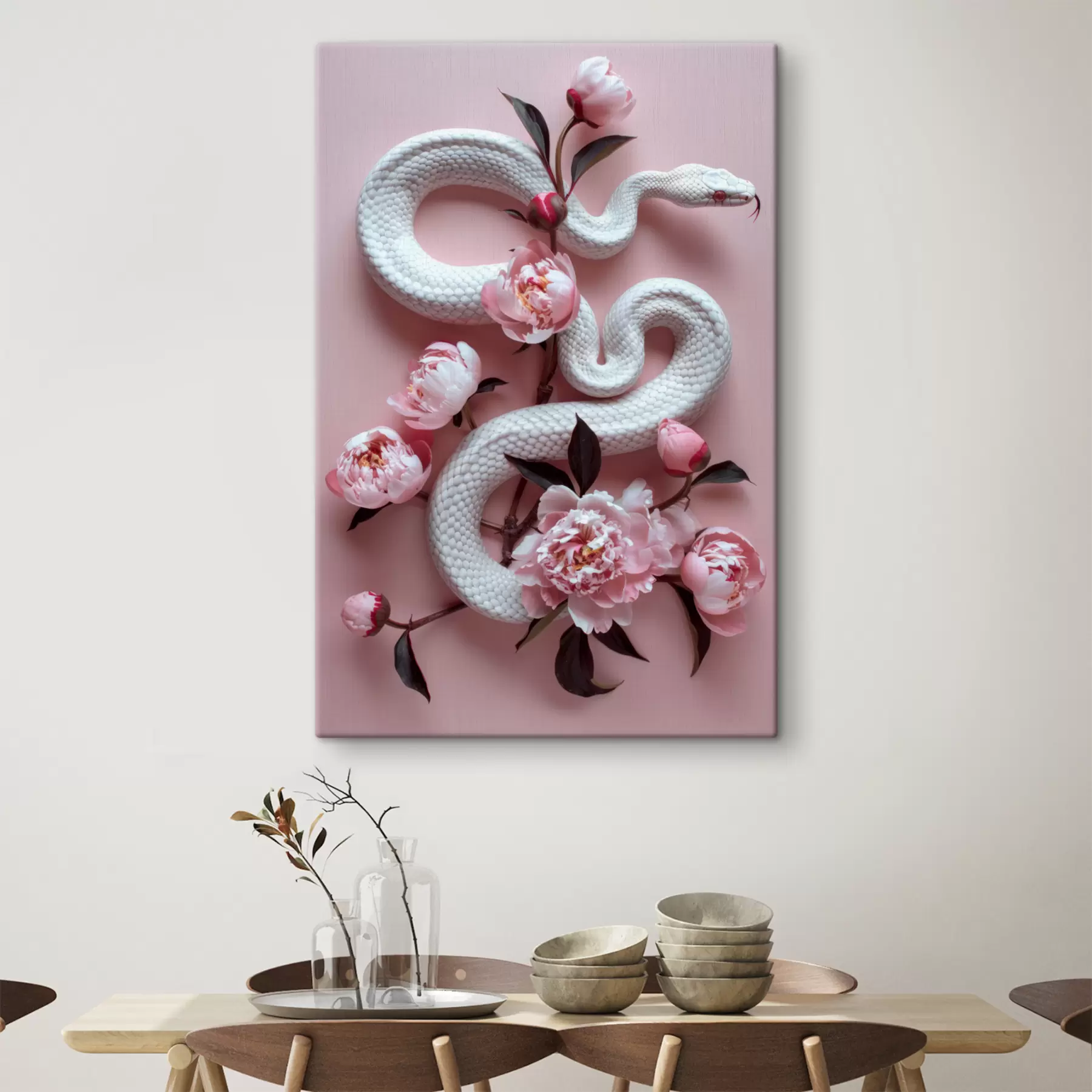 Tableau Pivoines et serpent blanc s39942