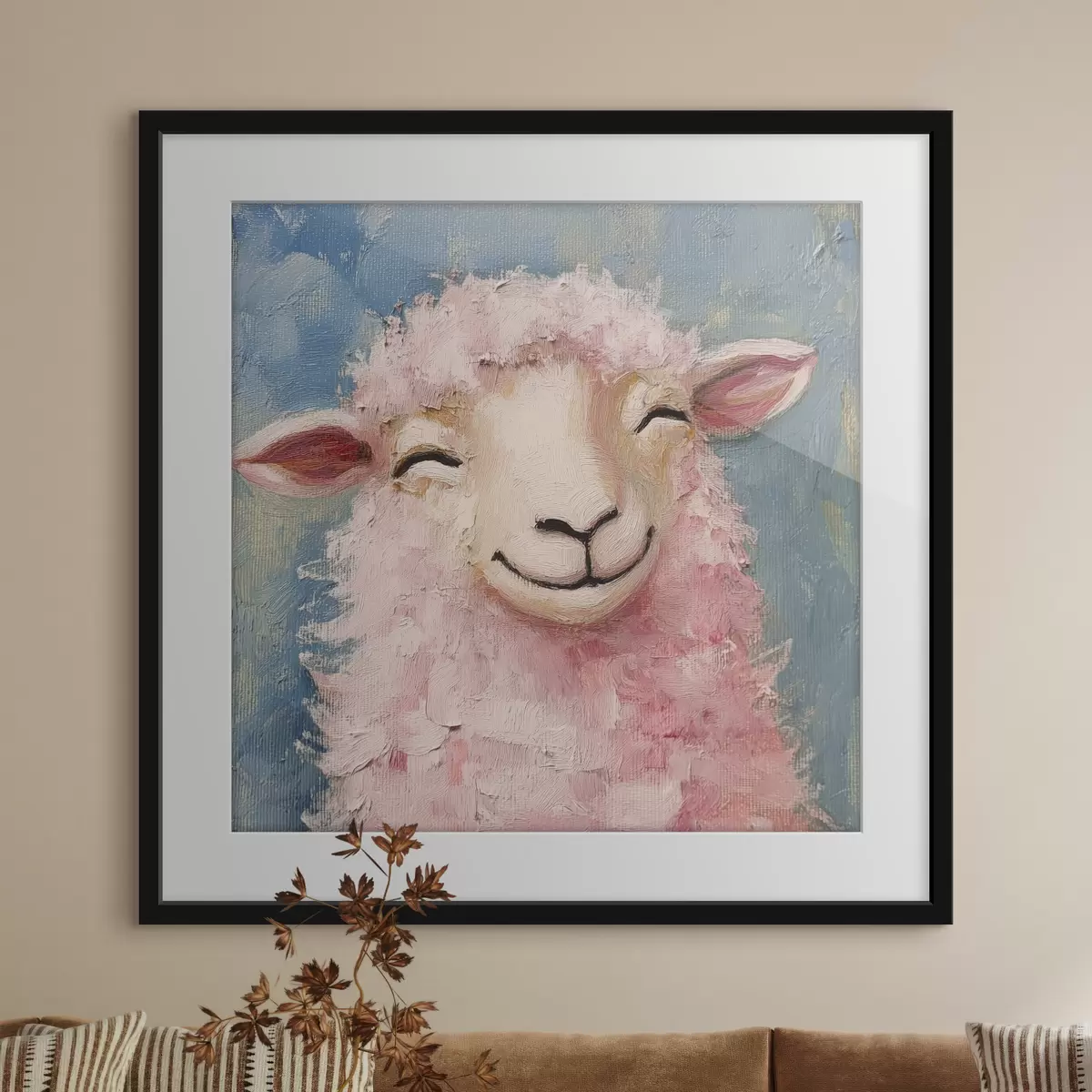 Poster Bélier joyeux avec de la laine rose f39911