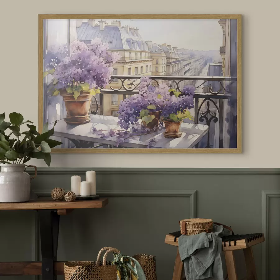 Papier peint Violettes en pot sur un balcon à Paris aquarelle f39931