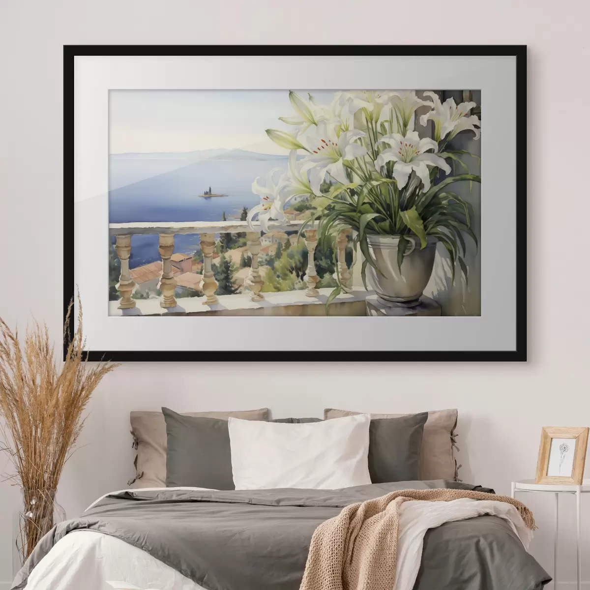 Poster Lys blancs dans un pot sur un balcon sur fond d'aquarelle de la baie f39932