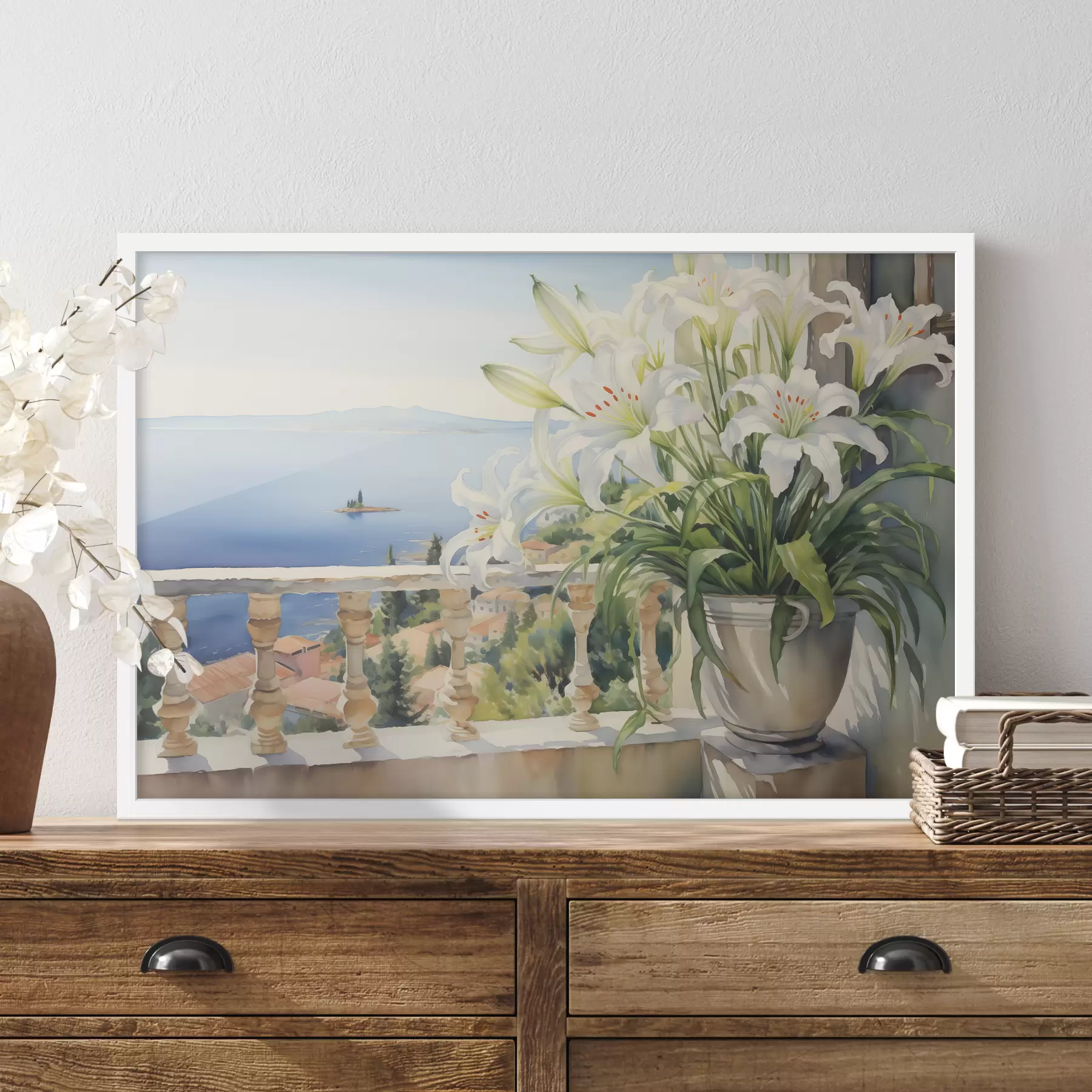 Papier peint Lys blancs dans un pot sur un balcon sur fond d'aquarelle de la baie f39932