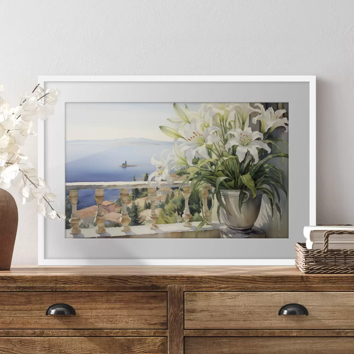 Poster Lys blancs dans un pot sur un balcon sur fond d'aquarelle de la baie f39932