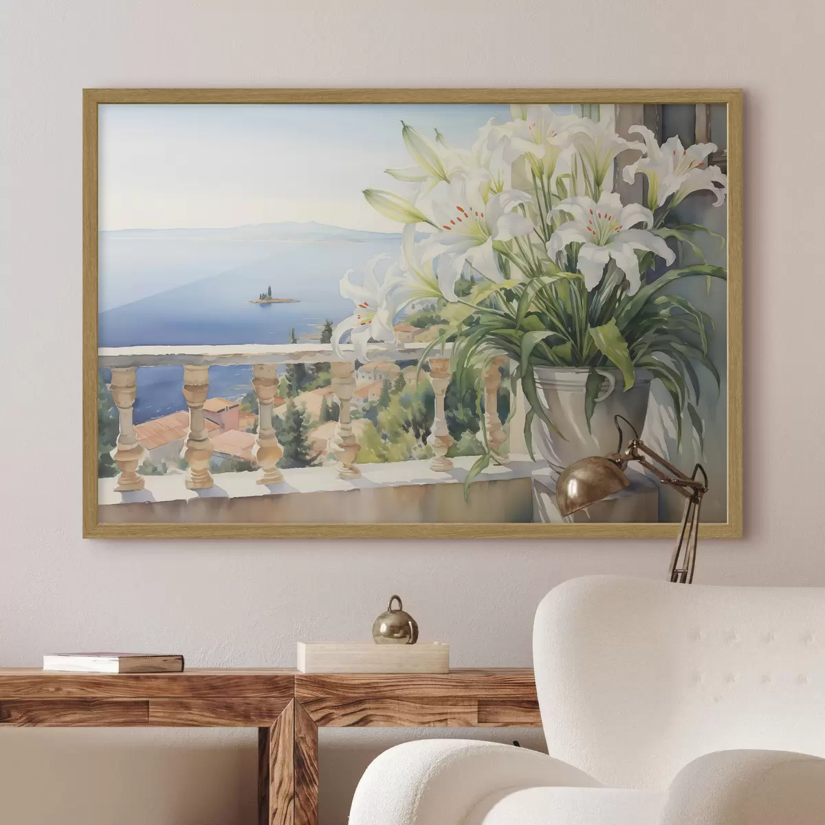 Poster Lys blancs dans un pot sur un balcon sur fond d'aquarelle de la baie f39932