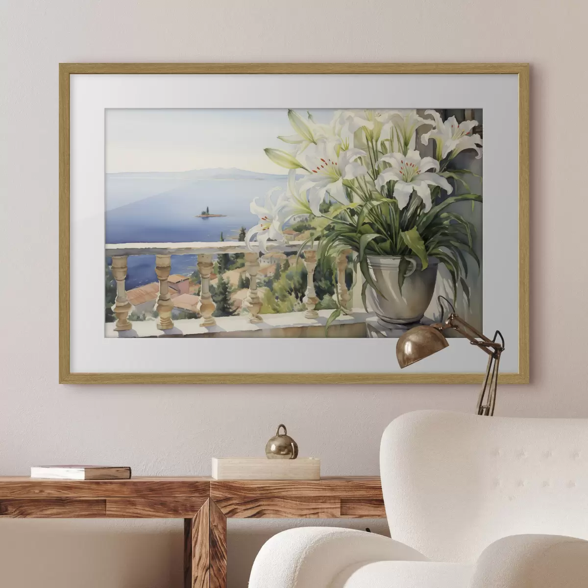 Poster Lys blancs dans un pot sur un balcon sur fond d'aquarelle de la baie f39932