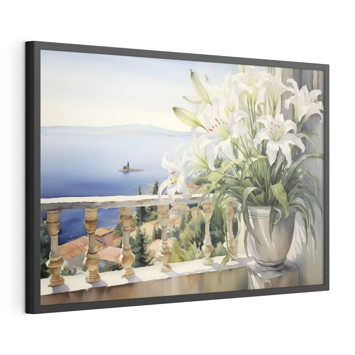 Poster Lys blancs dans un pot sur un balcon sur fond d'aquarelle de la baie f39932