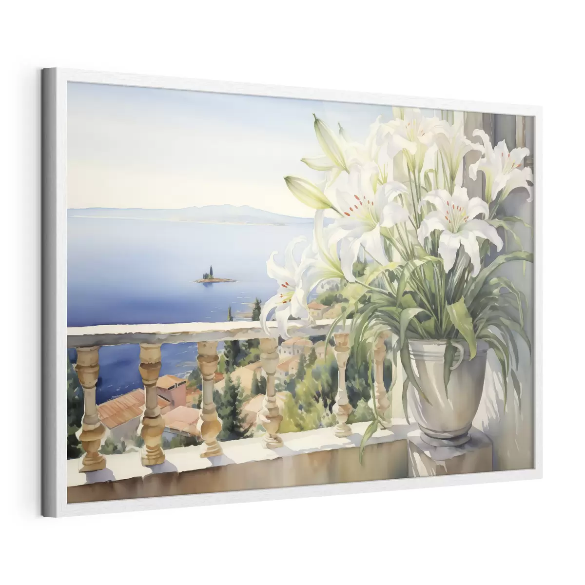 Poster Lys blancs dans un pot sur un balcon sur fond d'aquarelle de la baie f39932