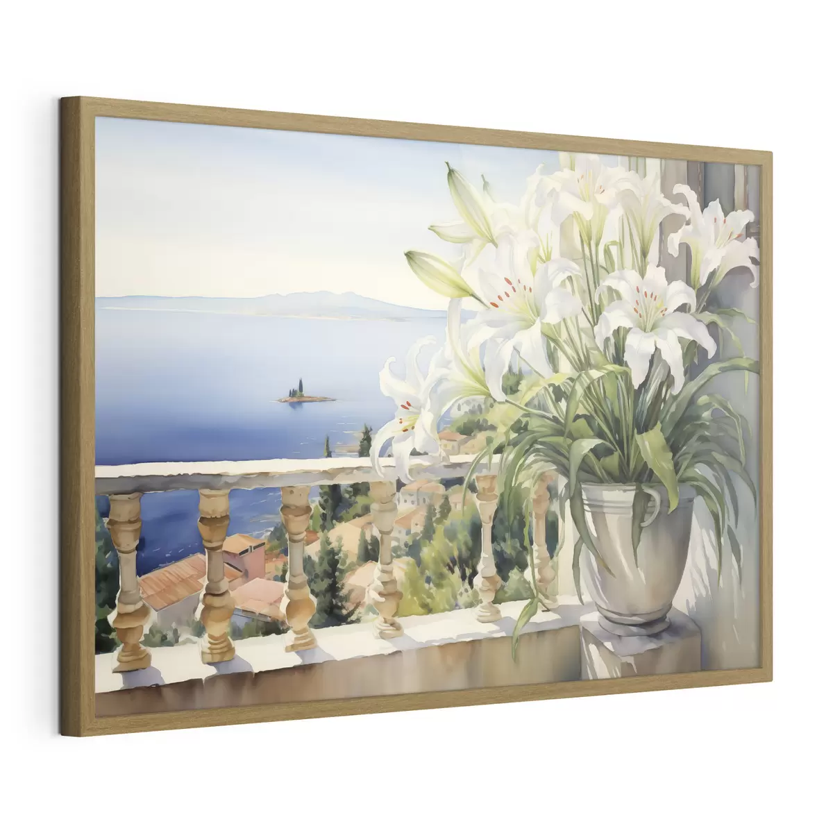 Poster Lys blancs dans un pot sur un balcon sur fond d'aquarelle de la baie f39932