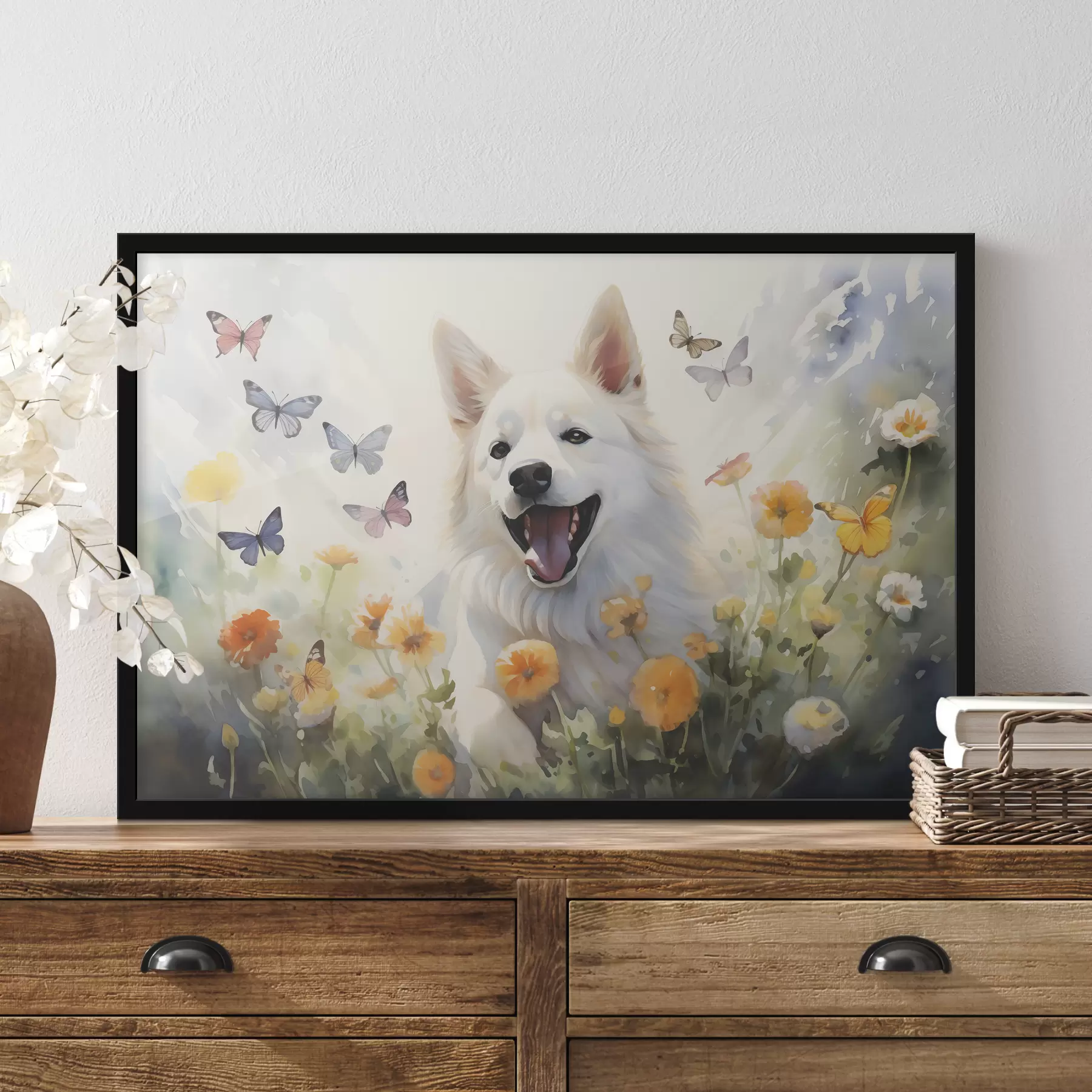 Papier peint Chien blanc assis dans des fleurs, les papillons volent aquarelle f39936