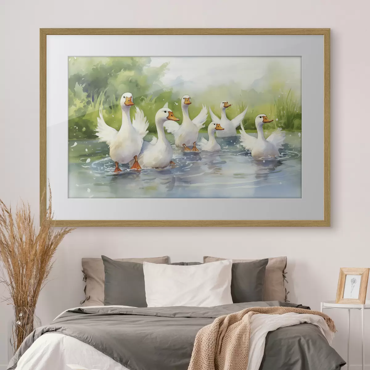 Poster Oies blanches se baignant dans un étang, aquarelle f39939