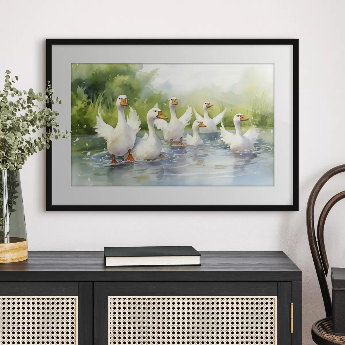Poster Oies blanches se baignant dans un étang, aquarelle f39939