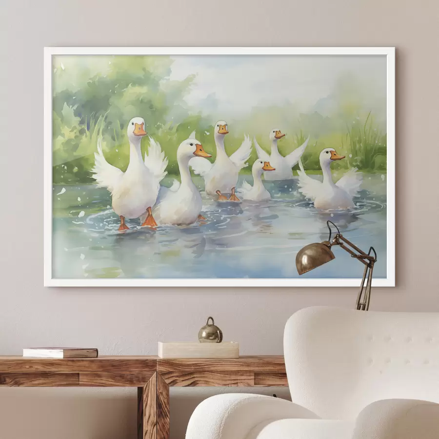 Papier peint Oies blanches se baignant dans un étang, aquarelle f39939
