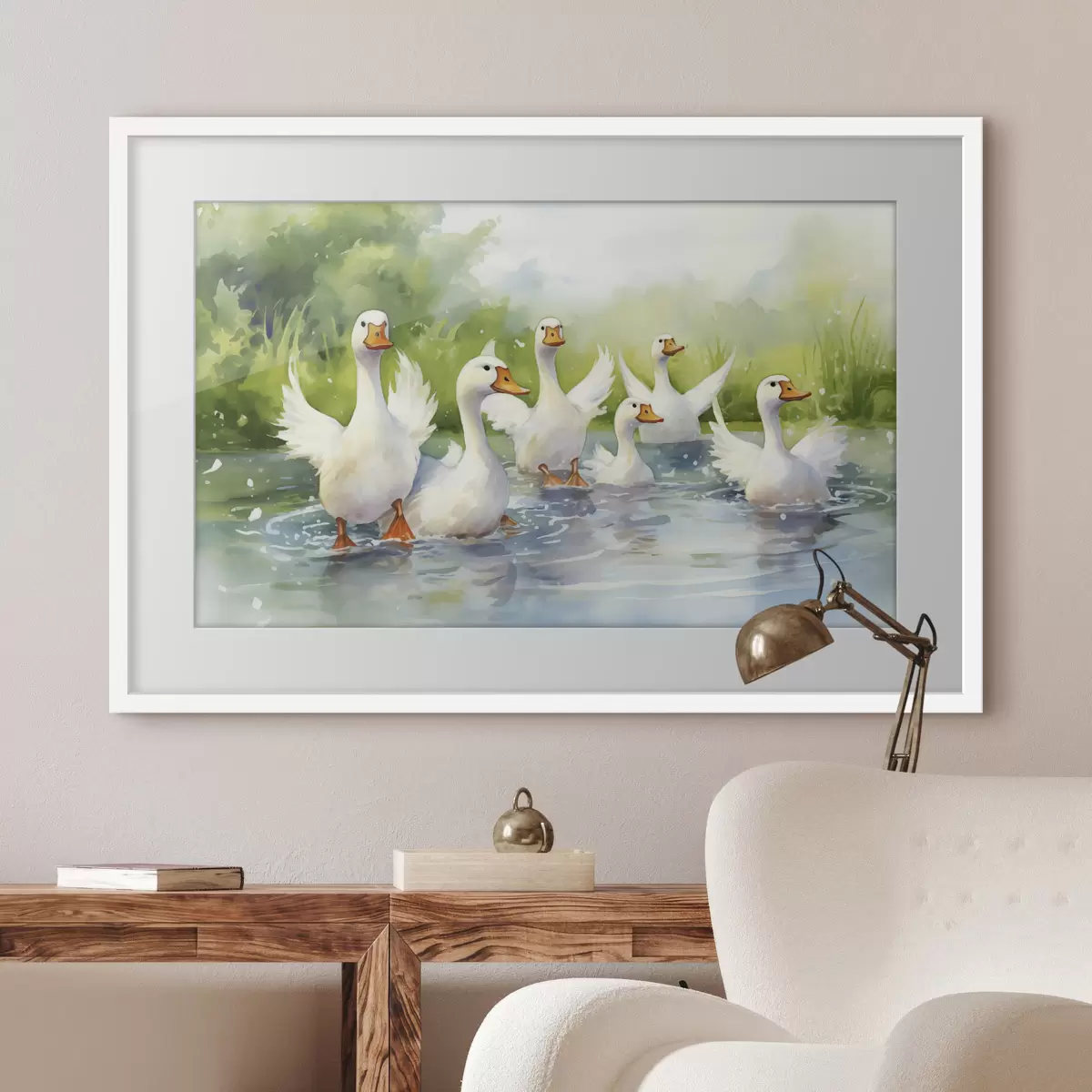 Poster Oies blanches se baignant dans un étang, aquarelle f39939