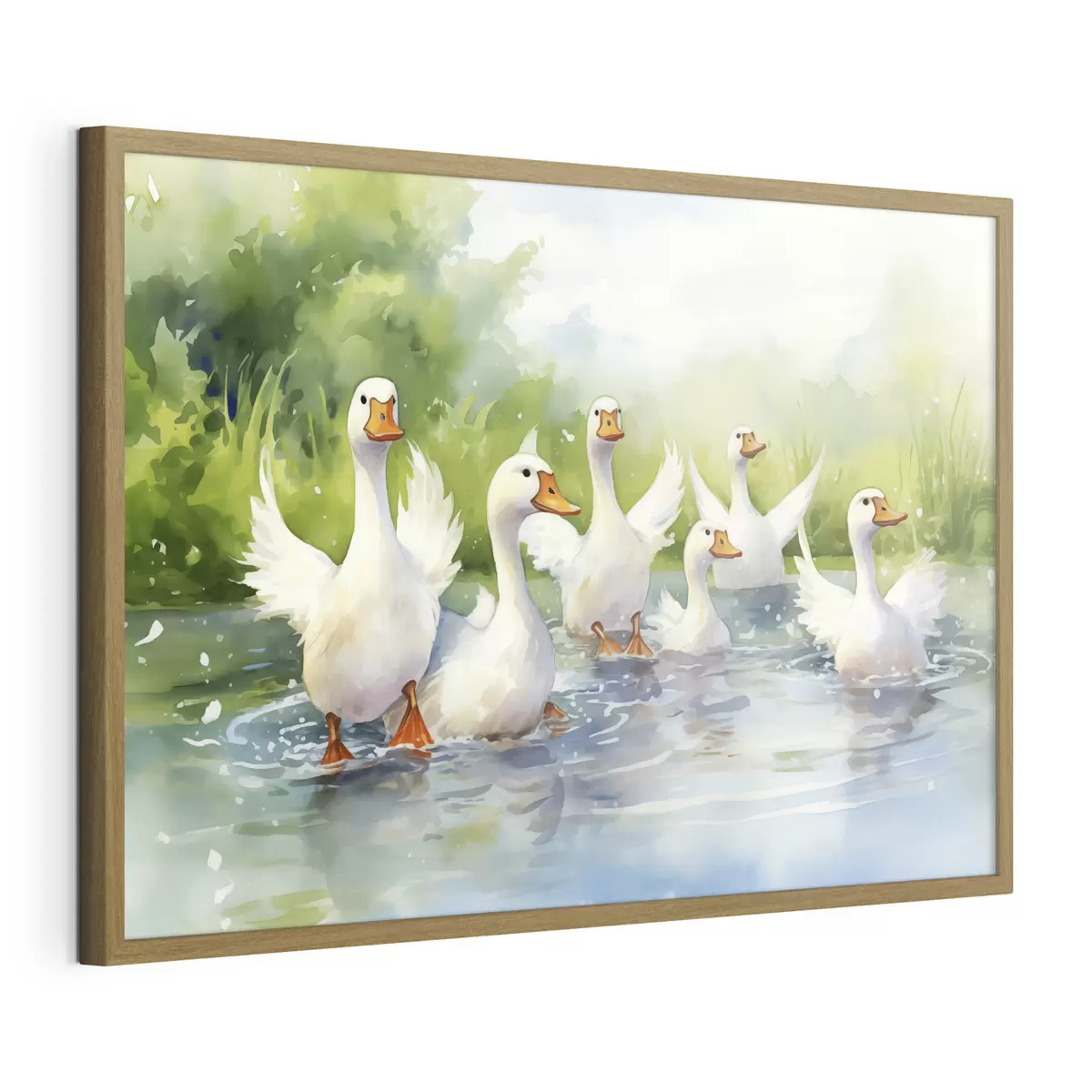 Poster Oies blanches se baignant dans un étang, aquarelle f39939