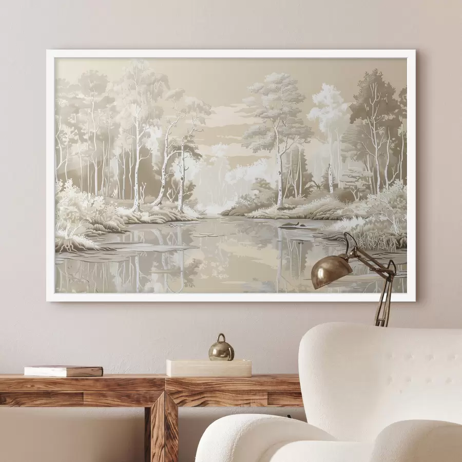 Papier peint Magnifique paysage forestier, couleurs pastel douces, beige et blanc f39978
