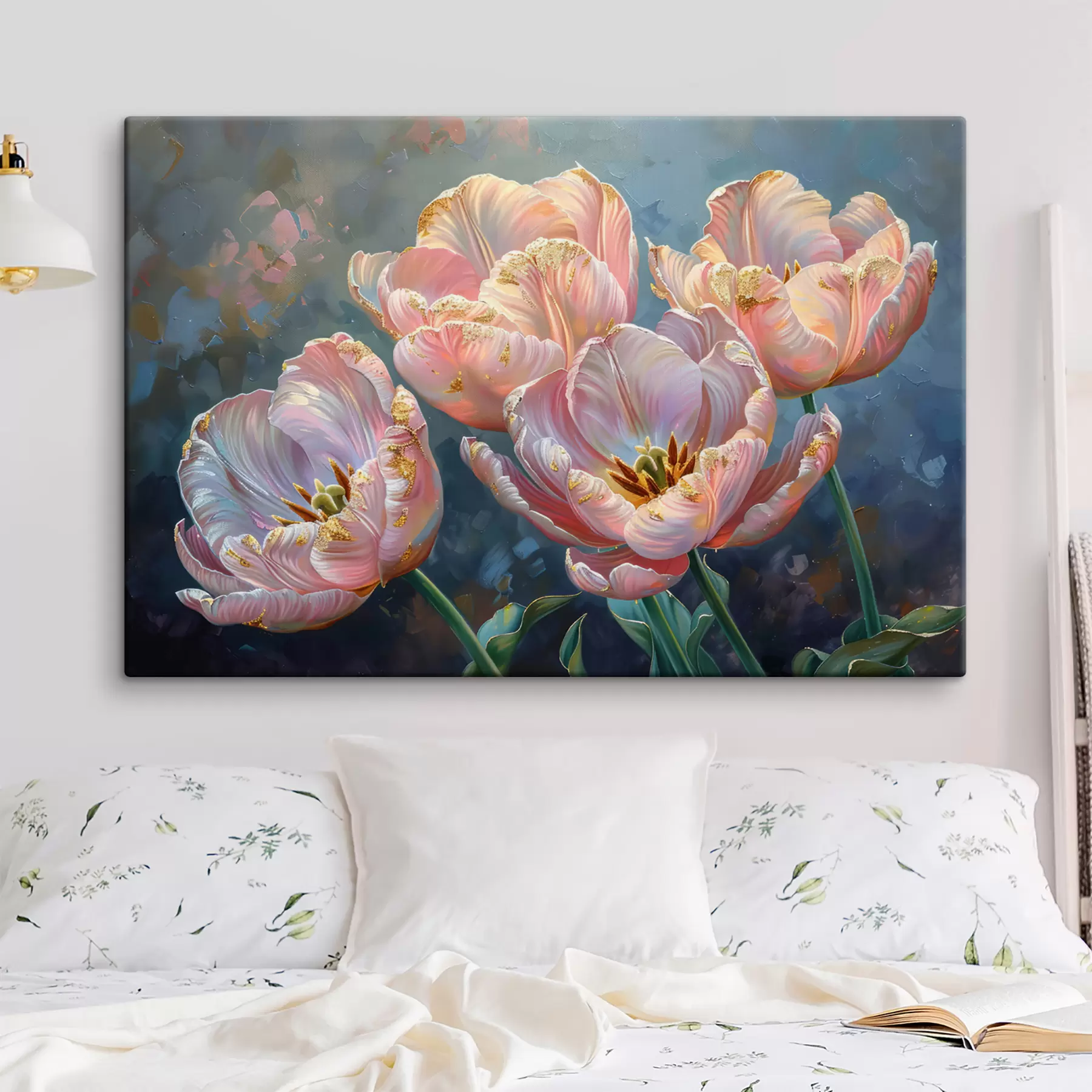 Tableau Tulipes vibrantes dans des tons de rose et de pêche sur un fond doux et flou avec des notes de feuillage vert s40013