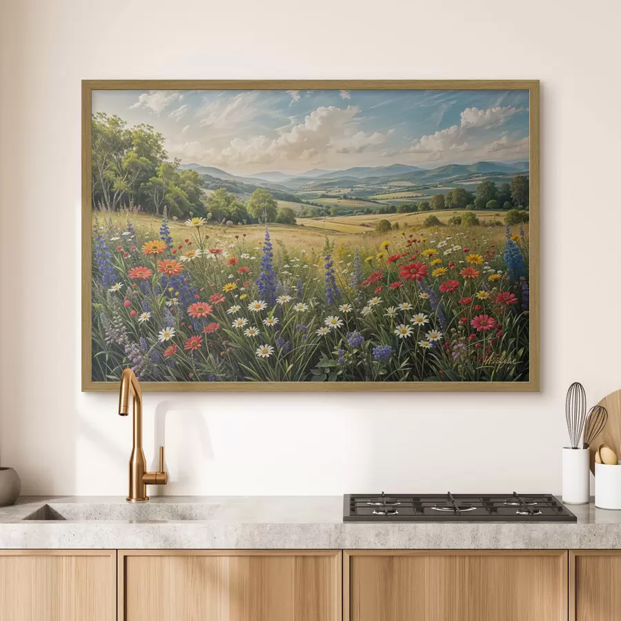 Papier peint Un paysage de campagne luxuriant avec une prairie de fleurs sauvages vibrante remplie de fleurs colorées sous un ciel nuageux f40018