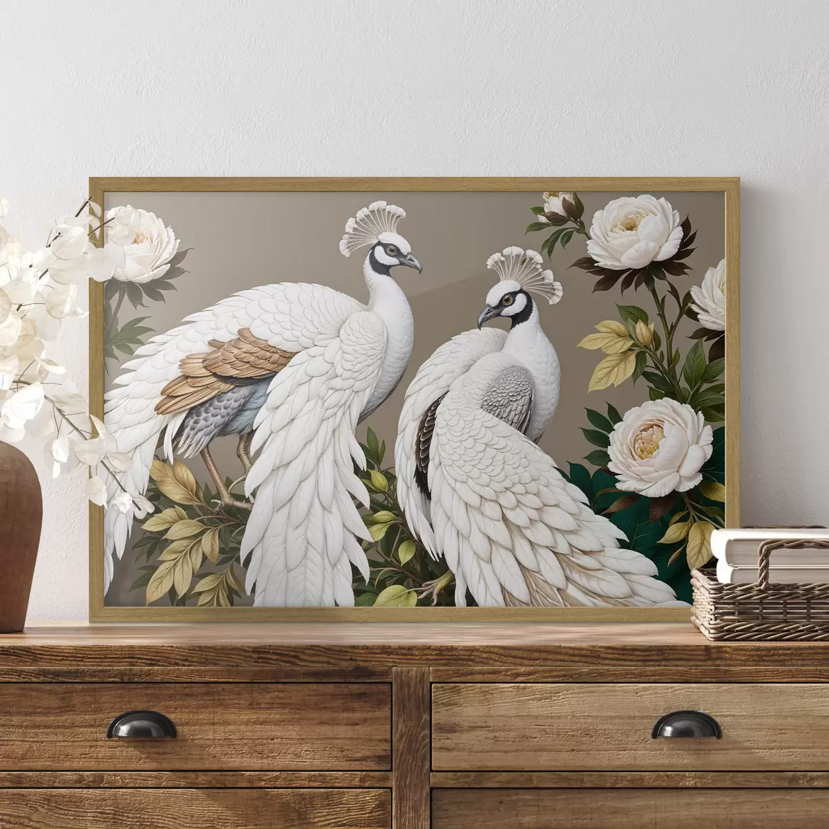 Poster Deux paons blancs aux plumes ornées perchés sur une branche avec des fleurs f40022
