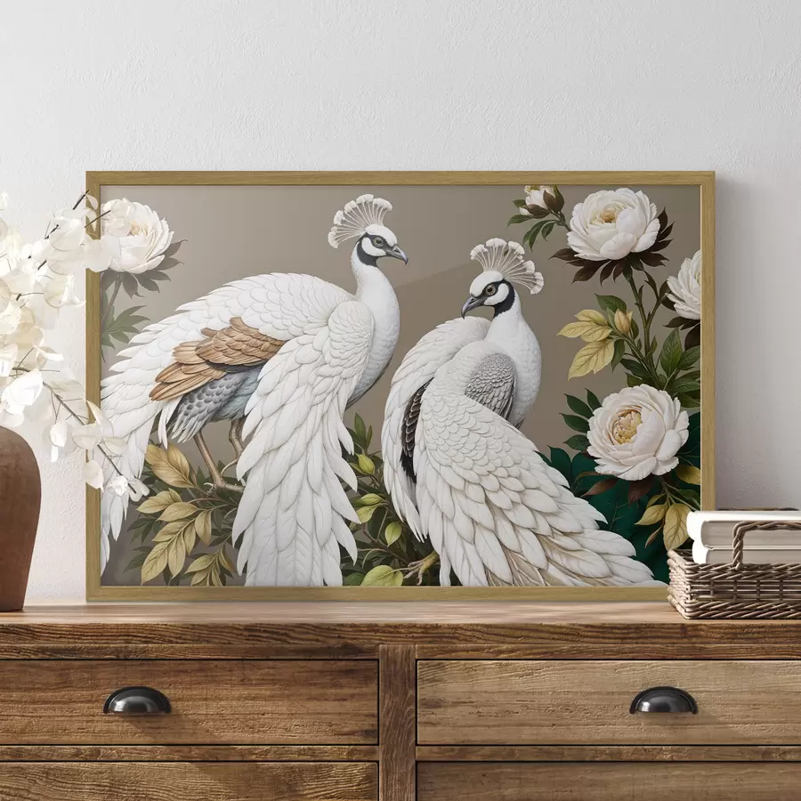 Papier peint Deux paons blancs aux plumes ornées perchés sur une branche avec des fleurs f40022